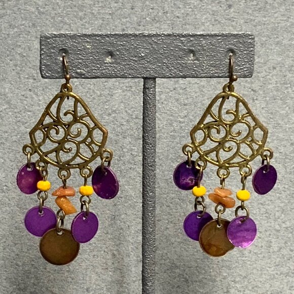 Chandelier Dangle Pierced Earrings 2 In Bronze Purple MOP Shell Exotic Scroll - Picture 1 of 5